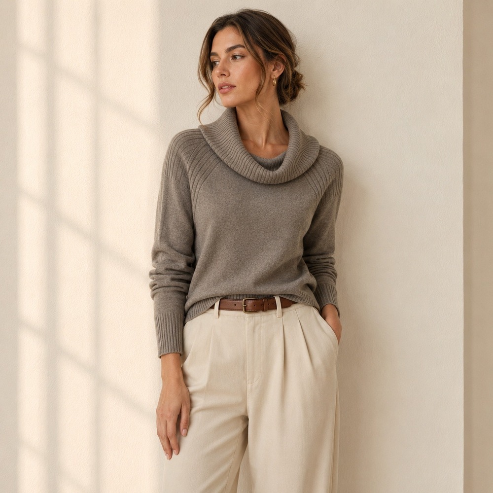 Jones New York Sweater Womens M Gray 100% Cashmere Cowl Neck Ribbed Minimalist